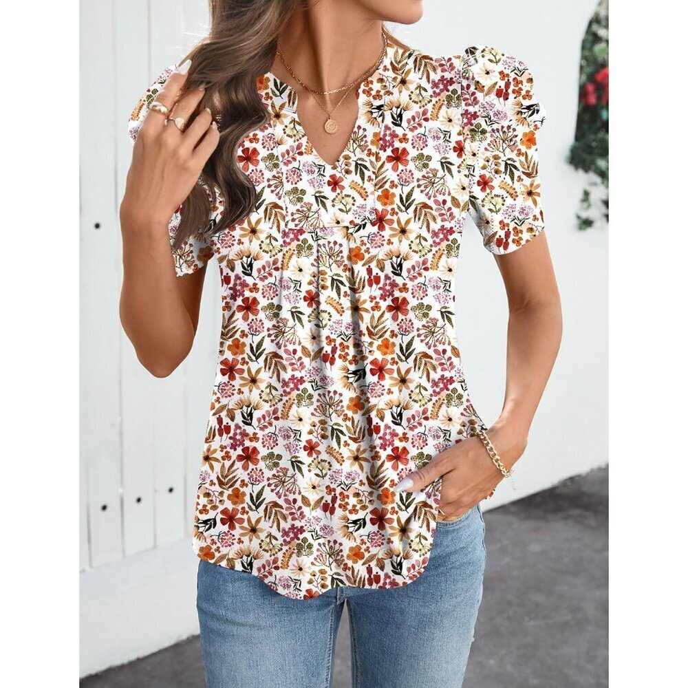 Women’s Puff Sleeve V Neck Summer Top Casual Blouse Light & Flowy - Picture 2 of 6